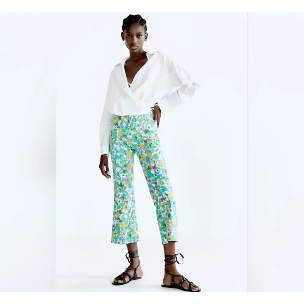 Zara Women's Size 2 Floral Linen Blend Mini Flare Trouser Pants Cropped NWT‎